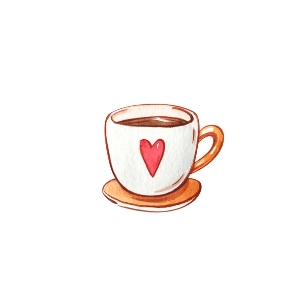 Hand drawn watercolor illustration of coffee cup with red heart or hot chocolate isolated on white. Valentine\'s day, seasonal drinks and holidays