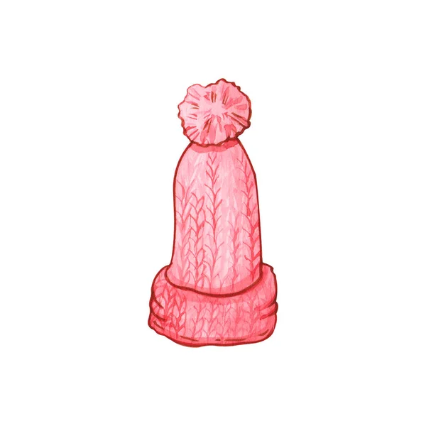 Ручной Рисунок Акварелью Вязанной Шерстяной Розовой Шляпы Изолированной Белом Одежда — стоковое фото