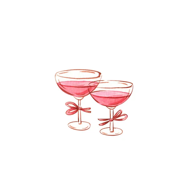 Desenhado Mão Aquarela Ilustração Clipart Dois Copos Vinho Rosa Isolado — Fotografia de Stock