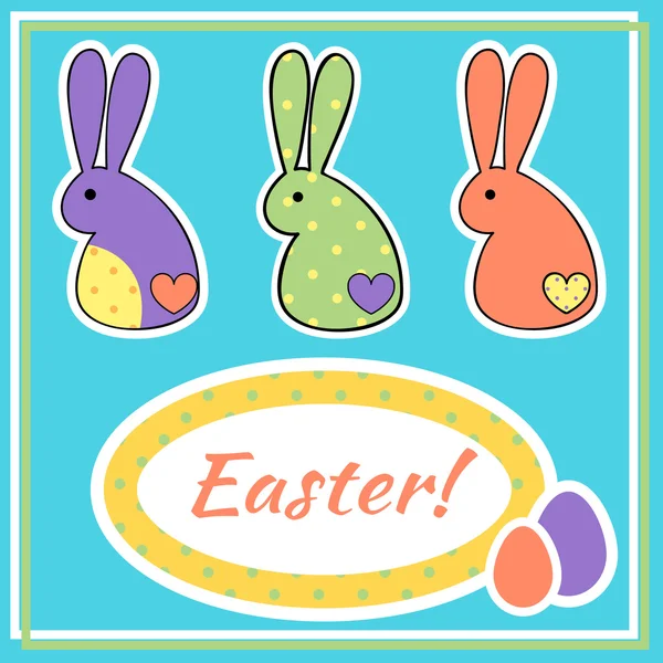 Cartão de Páscoa bonito com coelhos adesivos — Vetor de Stock