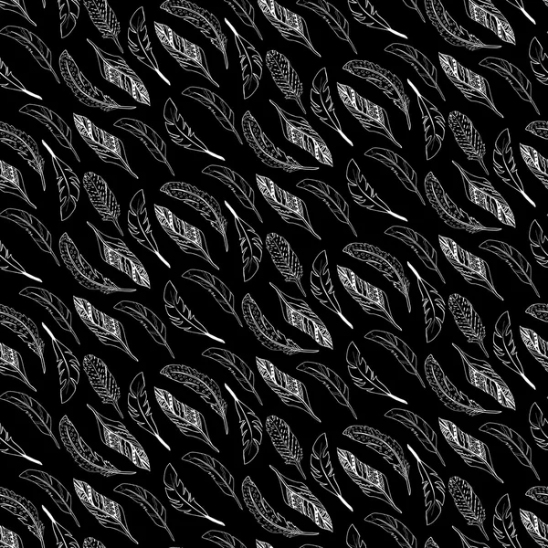 Modello di piume disegnate a mano su sfondo nero — Vettoriale Stock