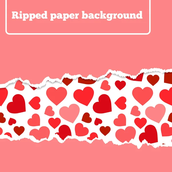 Imagen vectorial. pedazo de papel rasgado con patrón de corazones rosados en el fondo — Vector de stock