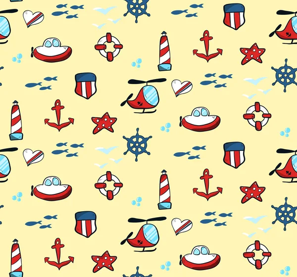 Cute seamless sea pattern with coast guard colors and elements. — Stock Vector
