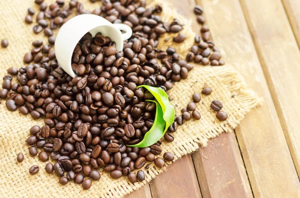 Kaffeebohnen mit weißer Tasse und grünen Blättern — Stockfoto