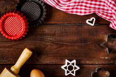 Gıda arka plan. Pişirme/pişirme aletleri ve metin için kopya yer ile ahşap arka plan