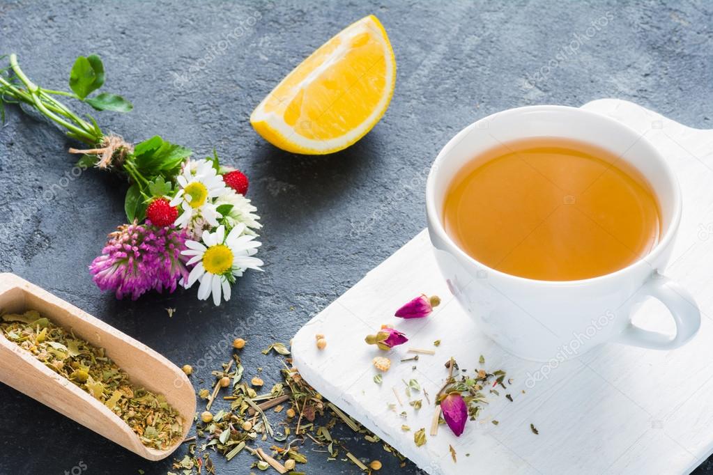 Herbal tea in cup, fresh flowers and dry herbal tea