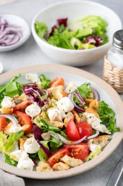 Sağlıklı İtalyan salatası, mozzarella peyniri, domates, kızarmış ekmek ve marul.