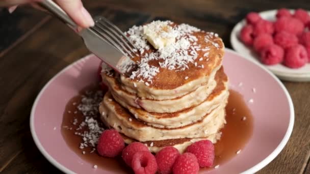 Cutting Stack Gluten Free Pancakes Syrup Berries Butter Raspberries Knife — Stock Video