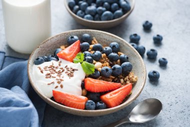 Böğürtlenli granola kasesi ve Yunan yoğurdu.