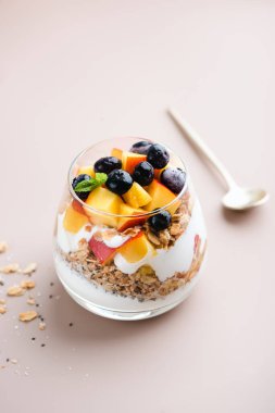 Meyveli yoğurtlu granola Parfe. Sağlıklı Düşük Kalorili Kahvaltı veya Atıştırmalık