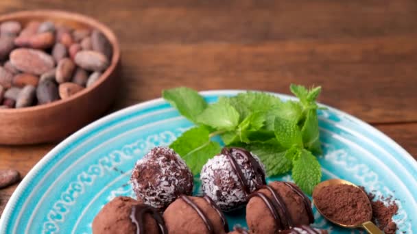 Homemade Chocolate Truffles Cocoa Coconut Decorated Chocolate Glaze — Stock Video