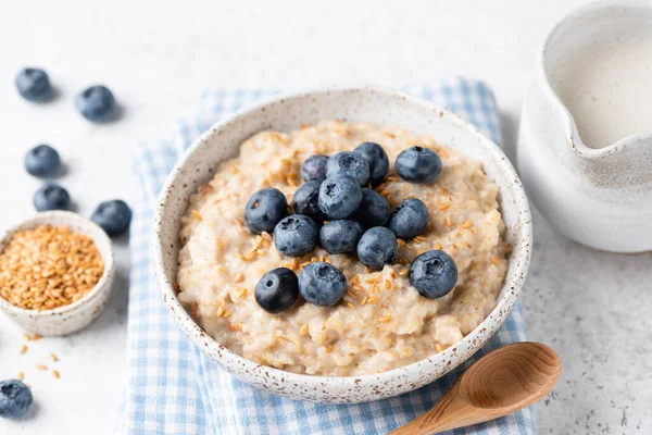 Vegan Oatmeal Porridge Blueberries Flax Seeds Bowl Grey Concrete Background — Stock Photo, Image