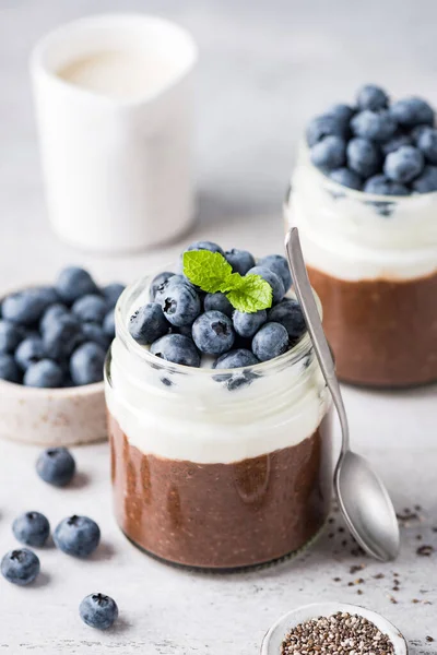 Csokoládés Chia Puding Görög Joghurttal Áfonyás Üvegben Egészséges Desszert Vagy — Stock Fotó