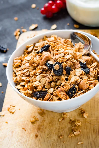 Ev yapımı granola ile fındık ve kuru meyve kase — Stok fotoğraf