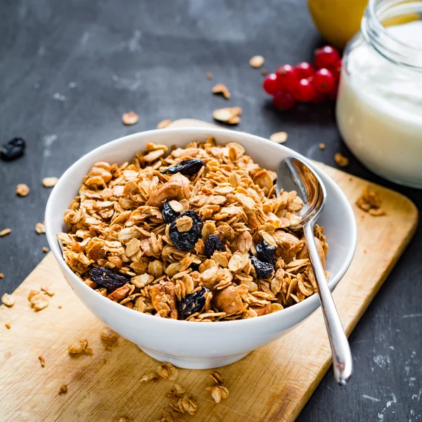 Ev yapımı granola ile fındık ve kuru meyve kase — Stok fotoğraf