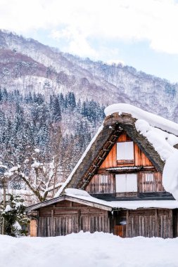 Güzel güneşli, ahşap bir ev ve güzel bir kar dağı..