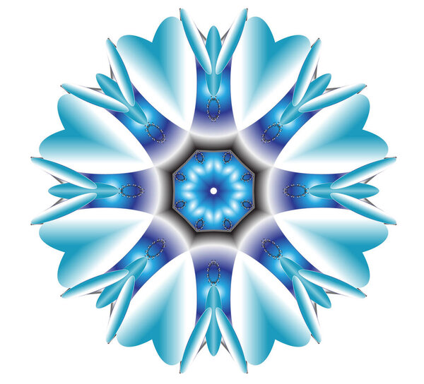 Mandala indian crystal with white feathers in a circle with dark blue eyes in the middle on a white background
