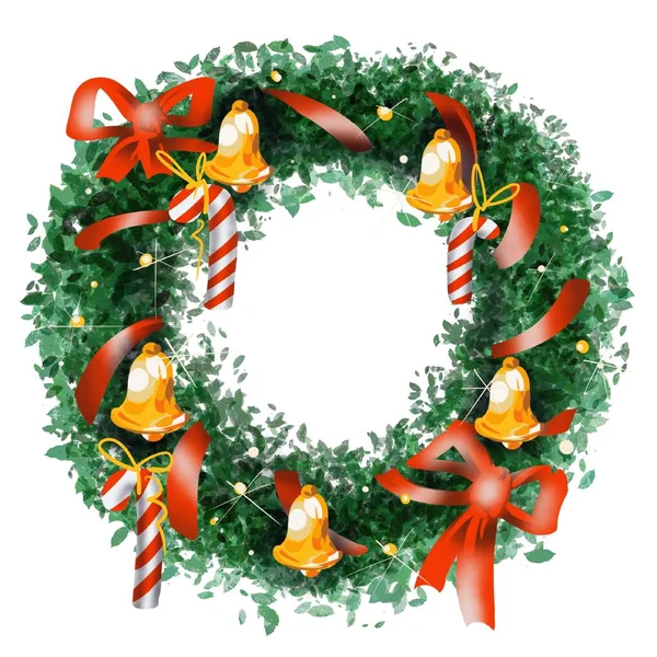 new year coniferous wreath with bright beautiful new year decorations for decor