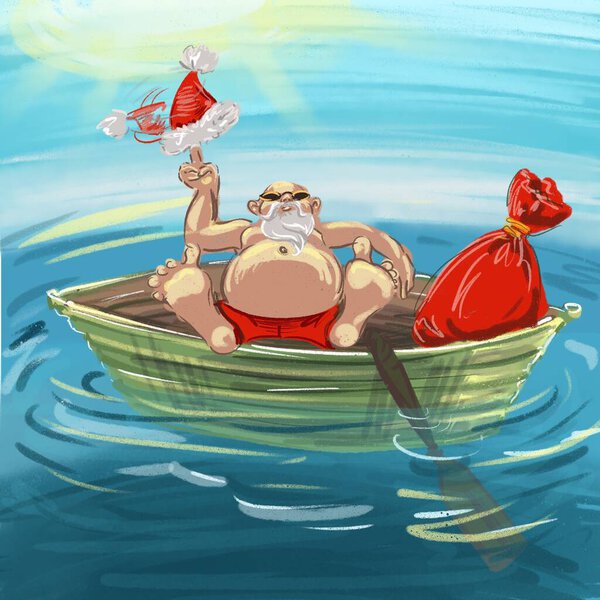 Смешная иллюстрация толстый Санта Клаус с мешком подарков плавает и загорает в лодке под палящим солнцем