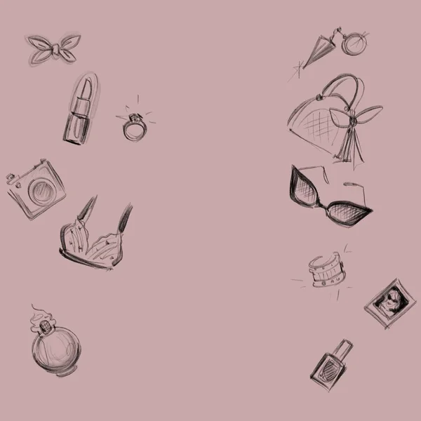 Hintergrund in pastellfarbener Nudefarbe mit dem Bild von Damen-Toilettenaccessoires Grafik-Skizze für Dekoration und Dekor mit Platz für Text — Stockfoto