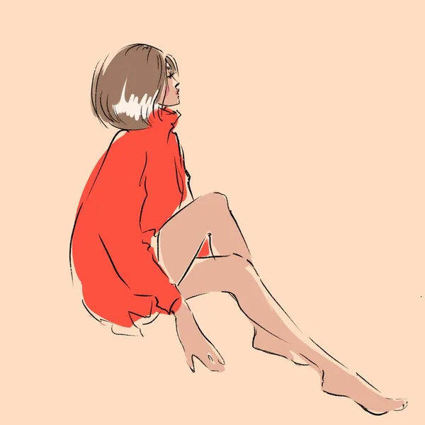 一个穿着毛衣、坐着沉思的女孩的示意图 图库图片