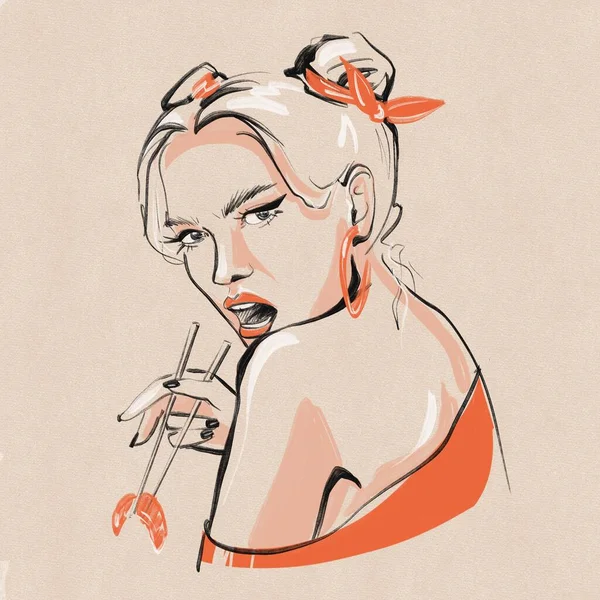 Illustrazione d'arte giovane ragazza alla moda mangiare pesce con bacchette — Foto Stock