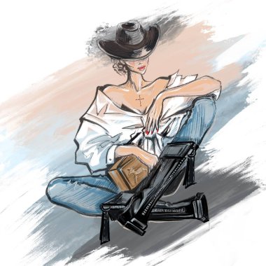  Kovboy şapkası takmış şık bir kız ve rahat poz vermiş şık kıyafetler. Yüksek kalite 