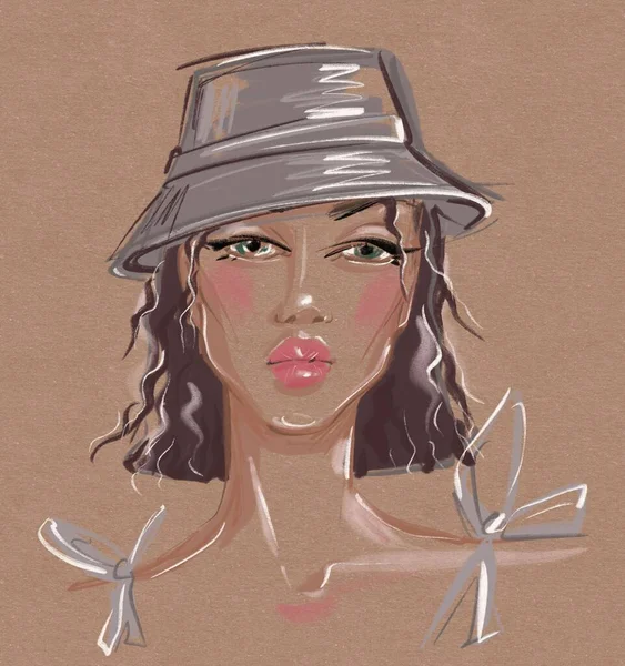 Illustrazione Arte Una Ragazza Alla Moda Cappello Panama Decorazione Alta — Foto Stock