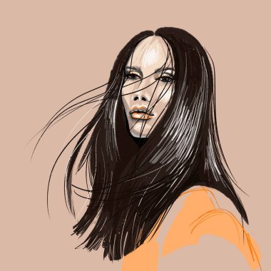  Güzel, esmer, dalgalı saçlı bir kadının sanat portresi.
