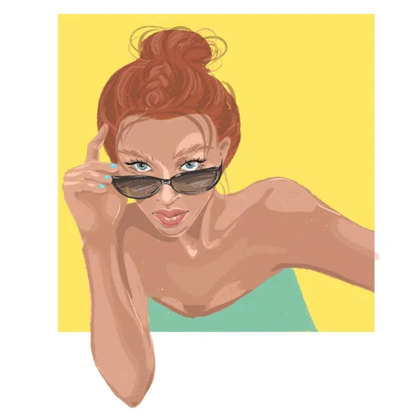 Fashion Art Illustration von jungen trendigen stilvollen Mädchen mit Sonnenbrille auf Farbdruck Hintergrund — Stockfoto