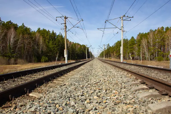 Dubbelspårig Järnväg Direkt Del Den Elektrifierade Dubbelspåriga Järnvägen — Stockfoto