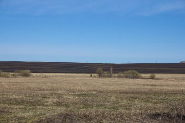 Açık bir gökyüzünün altındaki bahar tarlaları. Ural kırsal alanlar