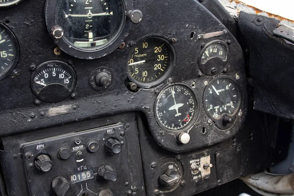 Painel Avião Antigo Instrumentos Interruptores Cockpit Avião Antigo — Fotografia de Stock