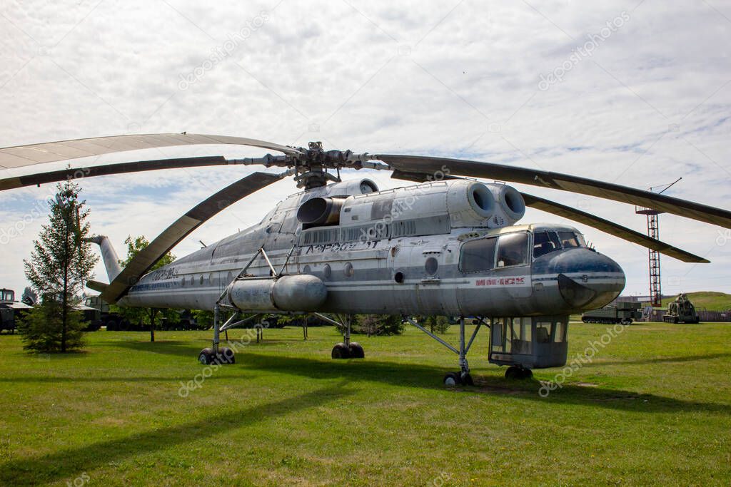 Mi-10 - Soviet military transport helicopter flying crane. A helicopter on display at the Sakharov Technical Park in Tolyatti