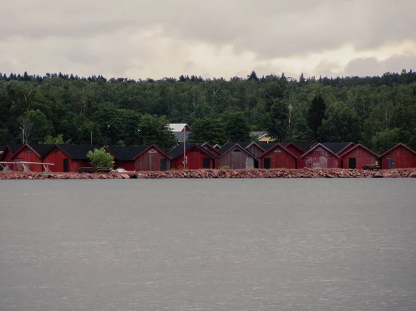 Red Boathouses Seashore Grey Day — Stock Photo, Image