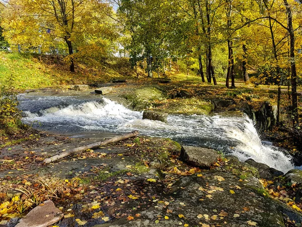 Sonbahar Renklerinde Kayalar Düşen Yapraklar Ağaçlarla Dolu Bir Parkta Şelale — Stok fotoğraf