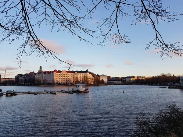 Výhled Moře Město Helsinkách Bezlistými Větvemi Stromů Zimním Období Západu — Stock fotografie