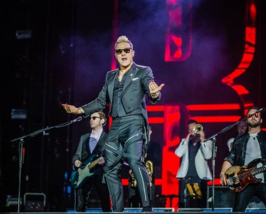 Robbie Williams at Pinkpop festival on June 13, 2015 in Landgraaf, Netherlands