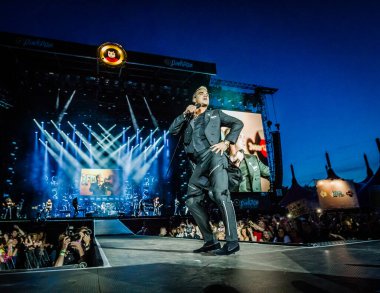 Robbie Williams at Pinkpop festival on June 13, 2015 in Landgraaf, Netherlands