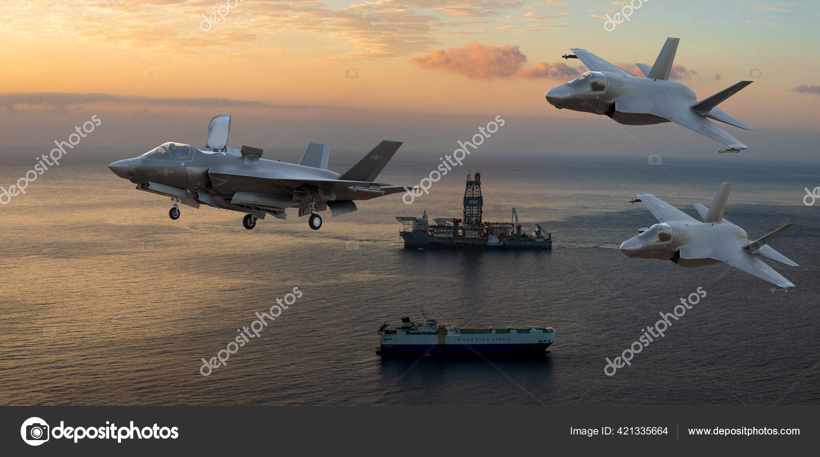 洛克希德马丁F 35C即将降落在一艘航空母舰上——图库图片© MikeMareen #421335664