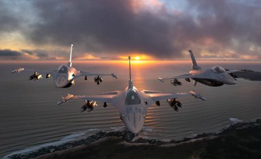 Lockheed Martin F-16 Polonya Hava Kuvvetleri yakın düzende uçuyor.