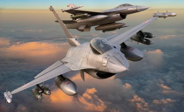 Lockheed Martin F-16 Polonya Hava Kuvvetleri yakın düzende uçuyor.