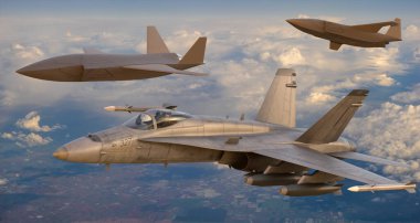 Boeing Super Hornet L 'den gelen savaş dronları ile bir formasyon içinde
