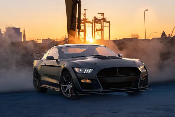 Ford Mustang Shelby Gt500 Drifting Parking Lot Industrial Area — Stock Photo, Image