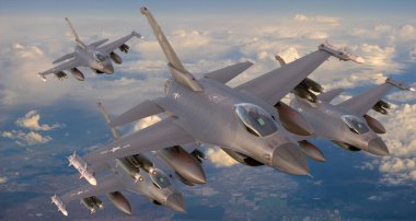 Lockheed Martin F-16 USAF yakın düzende uçuyor.