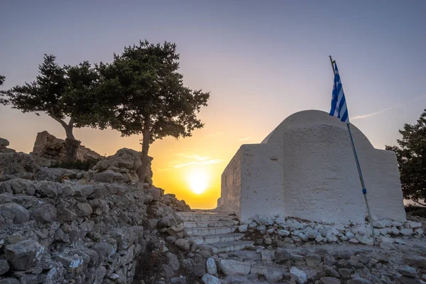 Monolithos Slott Kyrka Vid Solnedgången Rhodos Grekland — Stockfoto
