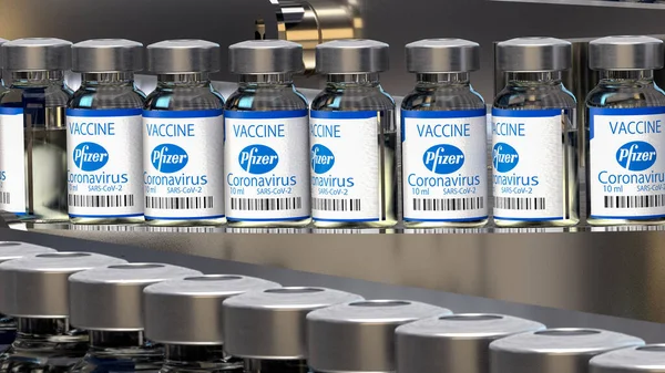 Vacuna Pfizer Contra Las Infecciones Por Coronavirus Covid Línea Producción — Foto de Stock
