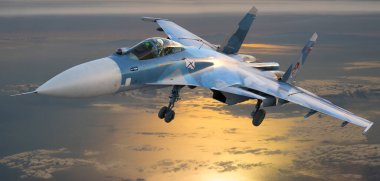 Su-33 deniz aşırı uçuyor. SSCB 'de geliştirilen, Su-27 ailesinin uçak gemilerinde kullanılmak üzere geliştirilmiş bir avcı uçağı ve saldırı uçağı..