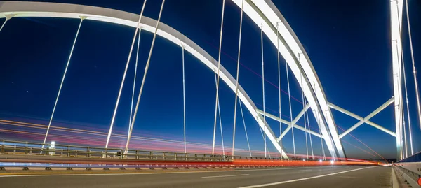 Light Traces Cars Driving Road Night Beautiful Modern Highway Bridge — Stock Photo, Image