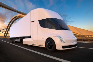 Tesla Semi truck is an all-electric battery-powered Class 8 semi-truck in development by Tesla na highway,3d illustration. clipart